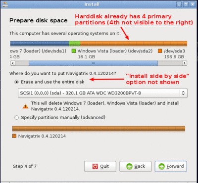 Step 4/7 with four existing primary partitions